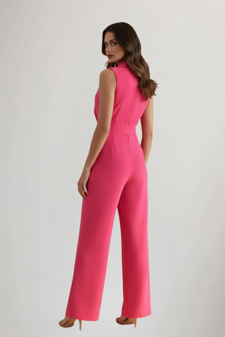 Women's elegant V-neck wrap-front jumpsuit with tie waist and wide leg, perfect for chic style.