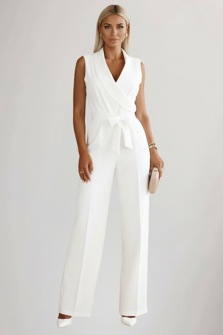 Sleeveless V-neck jumpsuit for women, showcasing the comfortable wide leg and stylish waist tie detail.