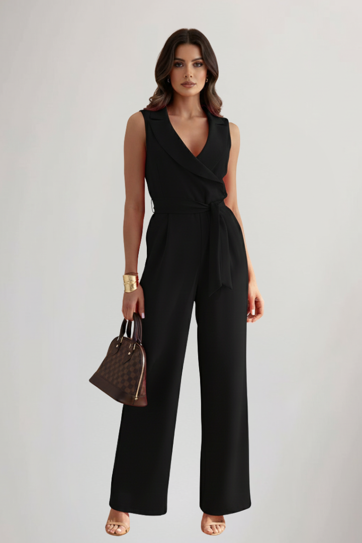 Full-length women's V-neck jumpsuit with a cinched tie waist and flowy wide-leg design for elegance.