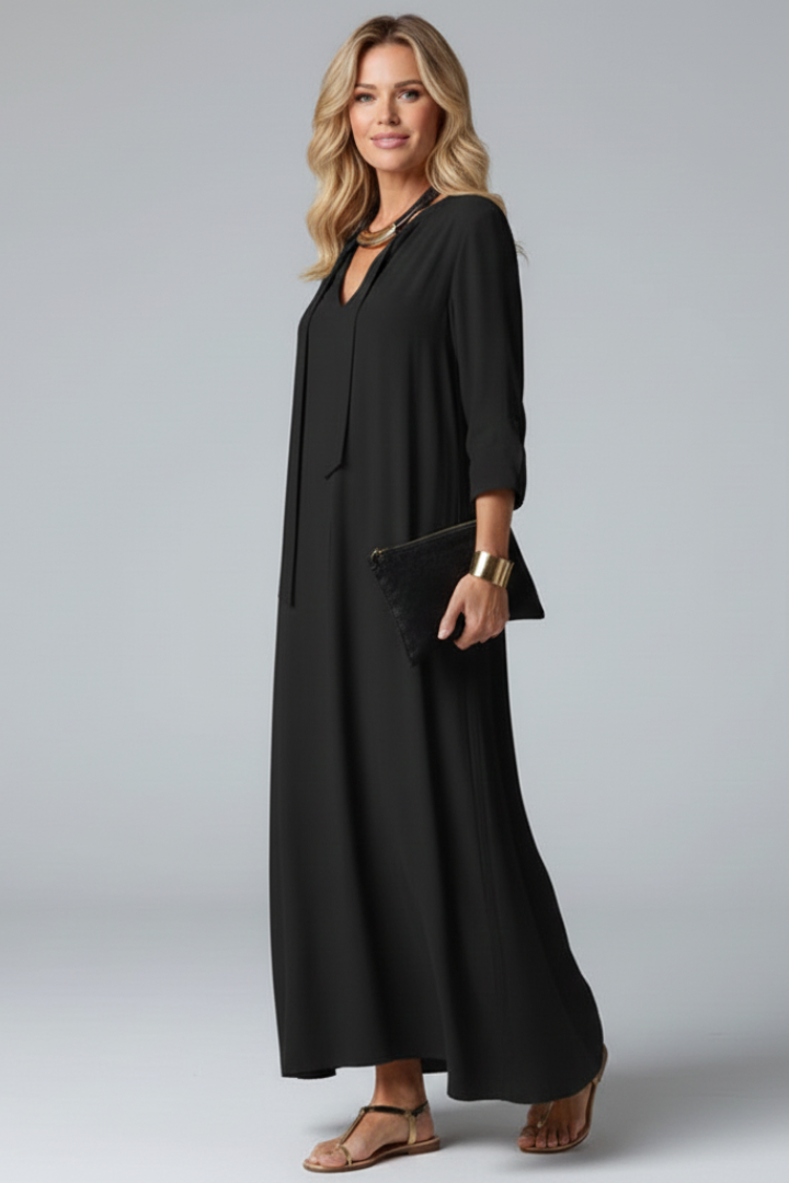 Flattering V-neck long sleeve women's maxi dress, perfect for a chic and comfortable winter style.