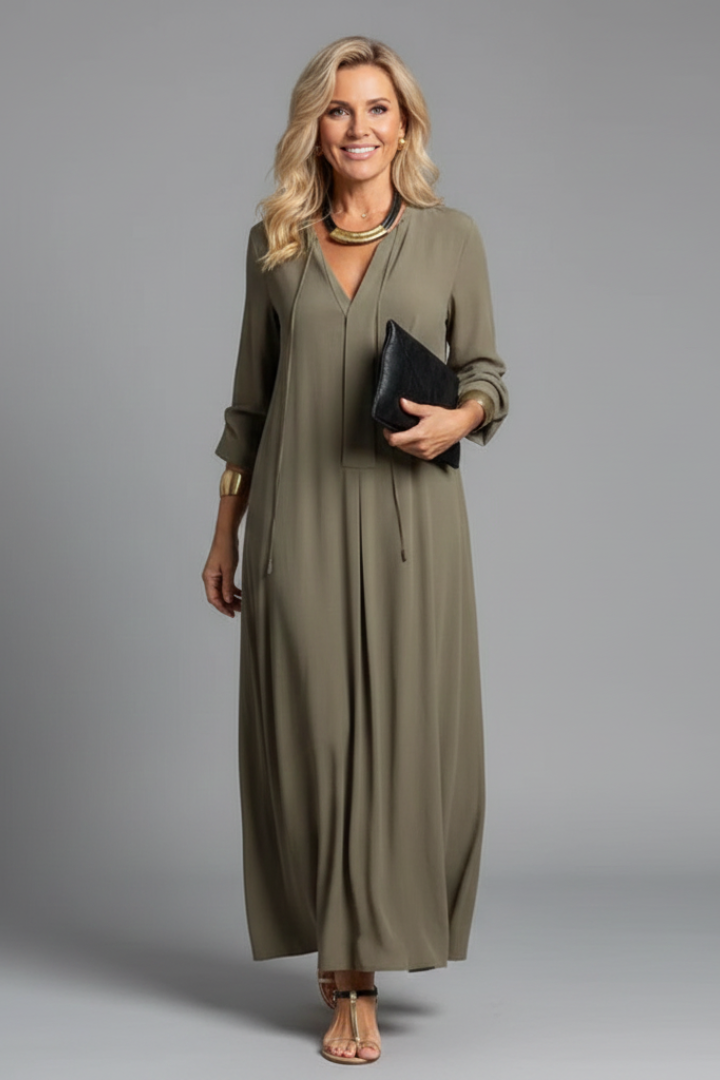Sophisticated V-neck long sleeve dress for women, ankle length, showcasing modern fall fashion.