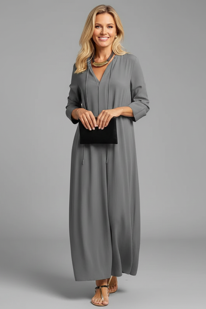 Flattering V-neck long sleeve ankle dress for women, versatile for everyday or special occasions.