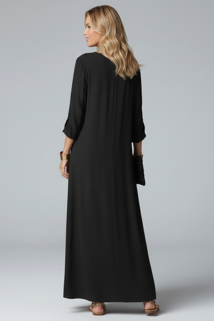 Everyday elegant V-neck long sleeve ankle dress for women, offering comfortable sophistication.