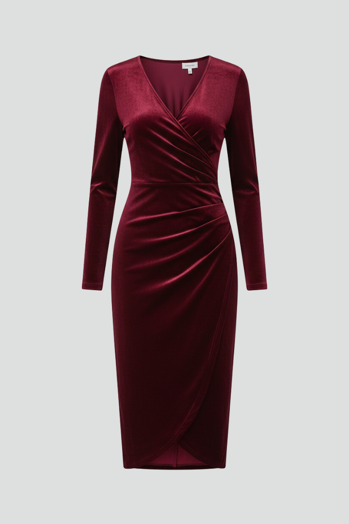 Elegant women's V-neck long sleeve midi dress with draped skirt, perfect for formal occasions & parties.