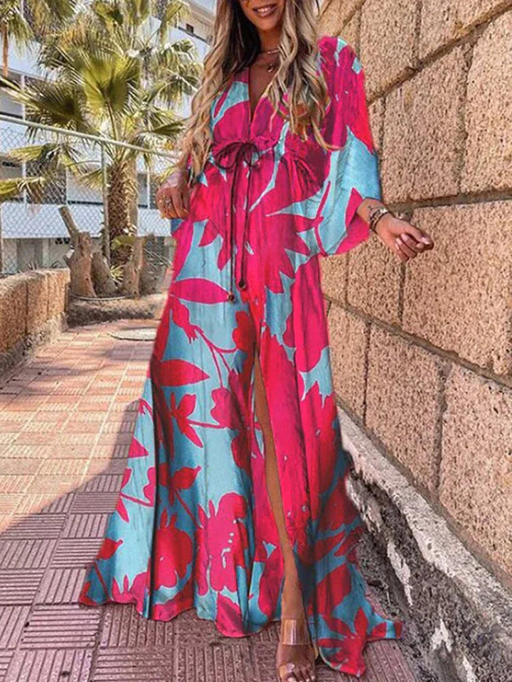 Stylish women's V-neck kimono sleeve maxi dress with a sexy high slit, suitable for casual or formal summer events.