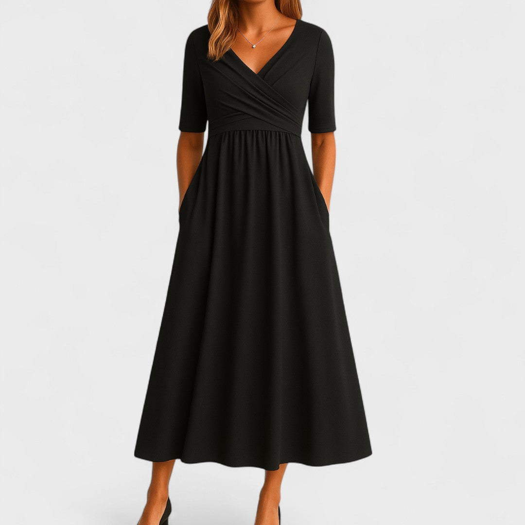 Chic V-neck midi dress for women, ideal for elegant parties and summer occasions.