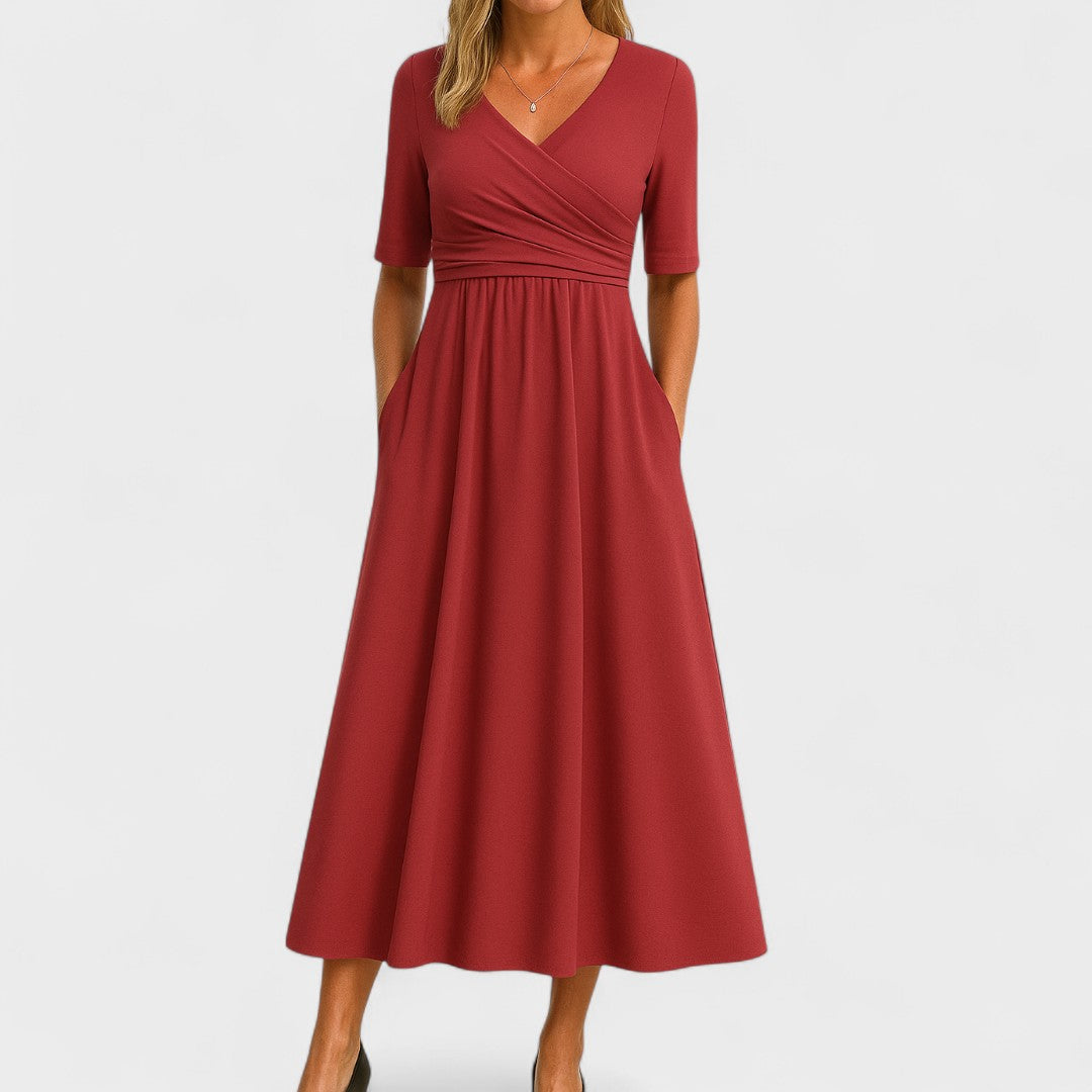 Elegant V-neck midi dress for women, a versatile and chic summer party outfit.