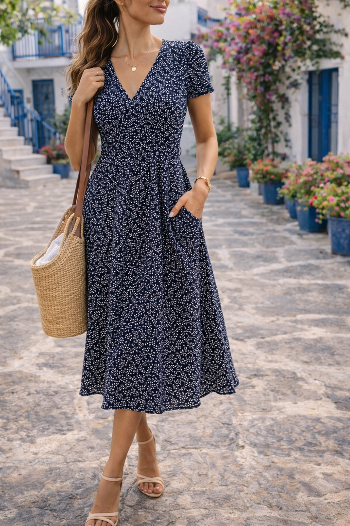 Elegant women's v-neck midi dress with a fitted bodice & flowing printed skirt, perfect for spring/summer casual wear.