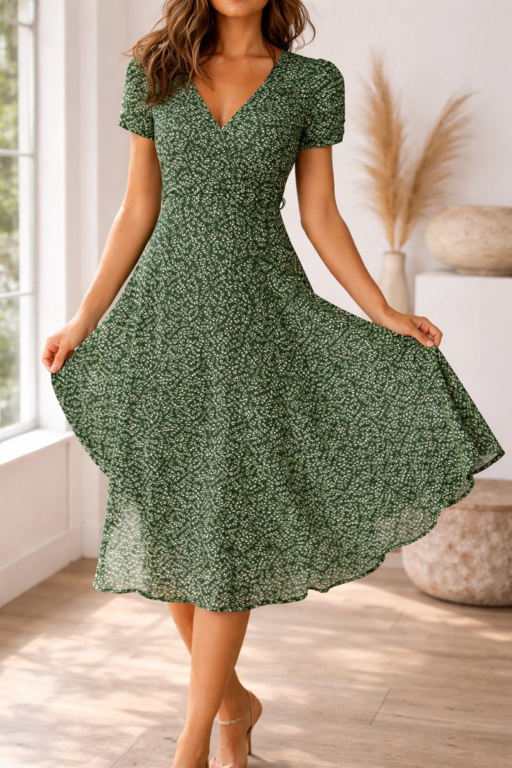 Comfortable short sleeve midi dress for women, featuring a flattering v-neck & flowy skirt, ideal for summer days.