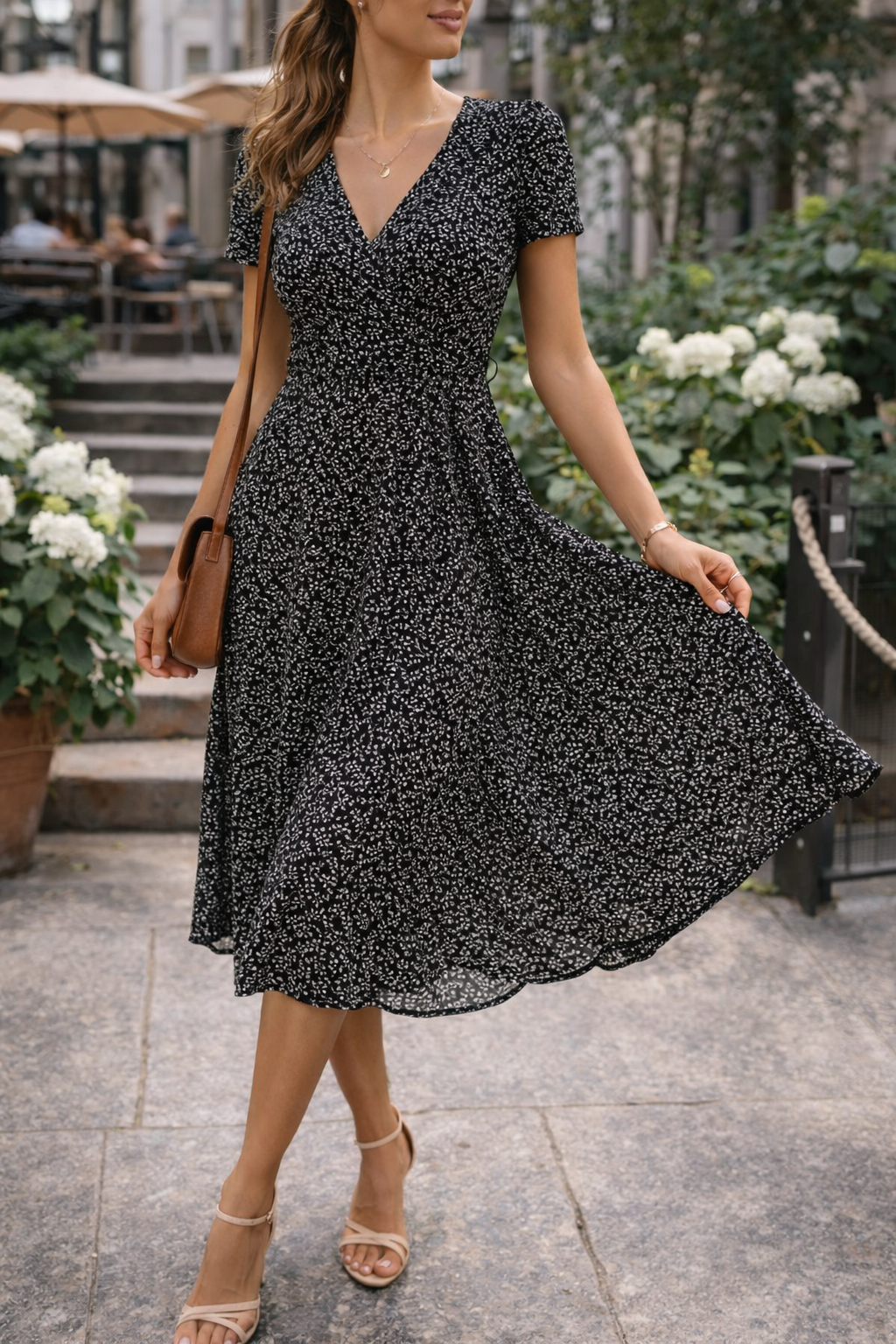 Versatile women's short sleeve v-neck midi dress with a comfortable flowy skirt, suitable for casual or elegant looks.