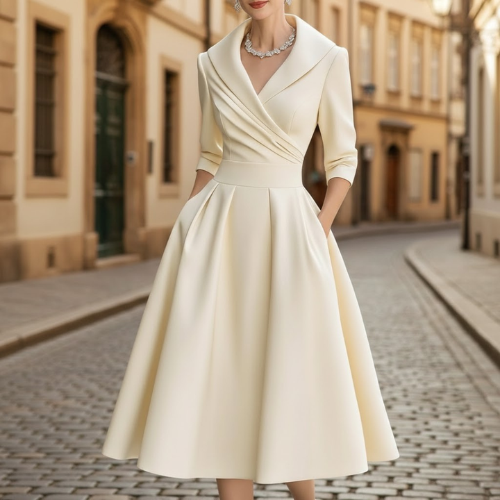 Elegant women's V-neck midi dress with three-quarter sleeves, perfect for occasion wear or work. Features a flared skirt.
