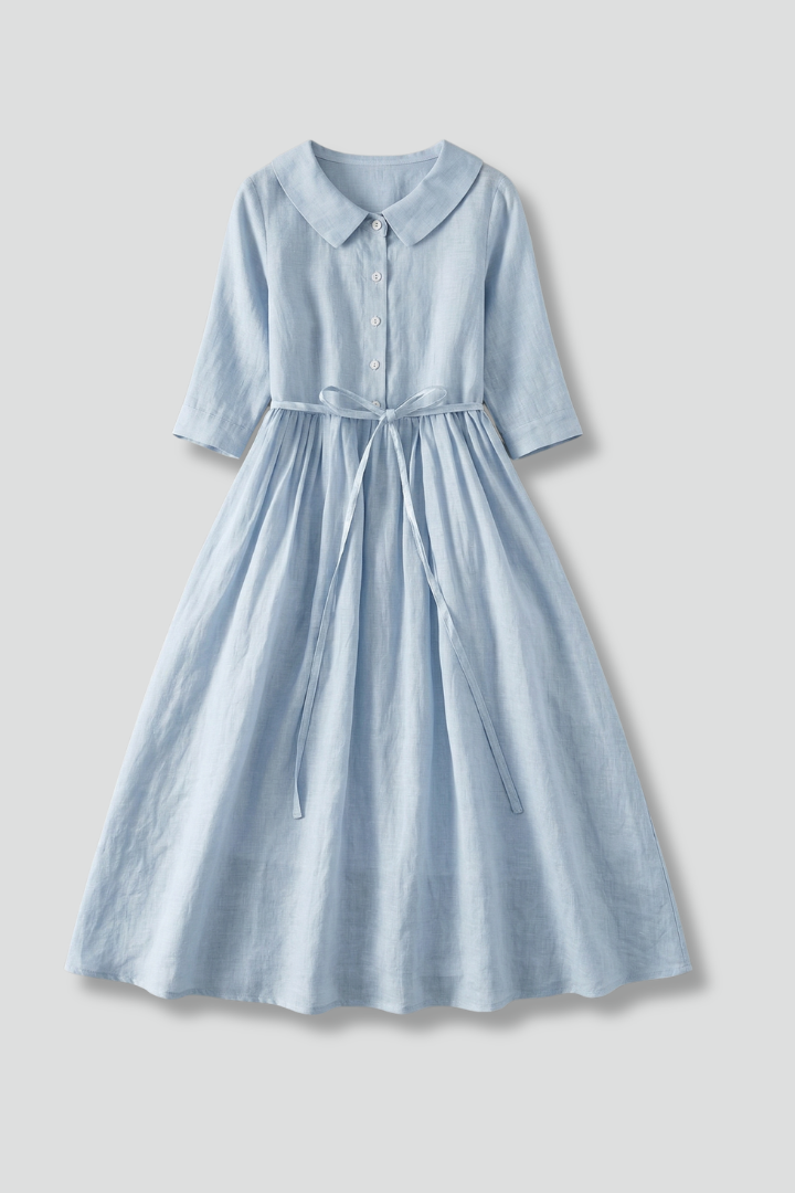 Elegant women's V-neck midi dress with waist tie. Versatile for spring, summer fashion & office wear.