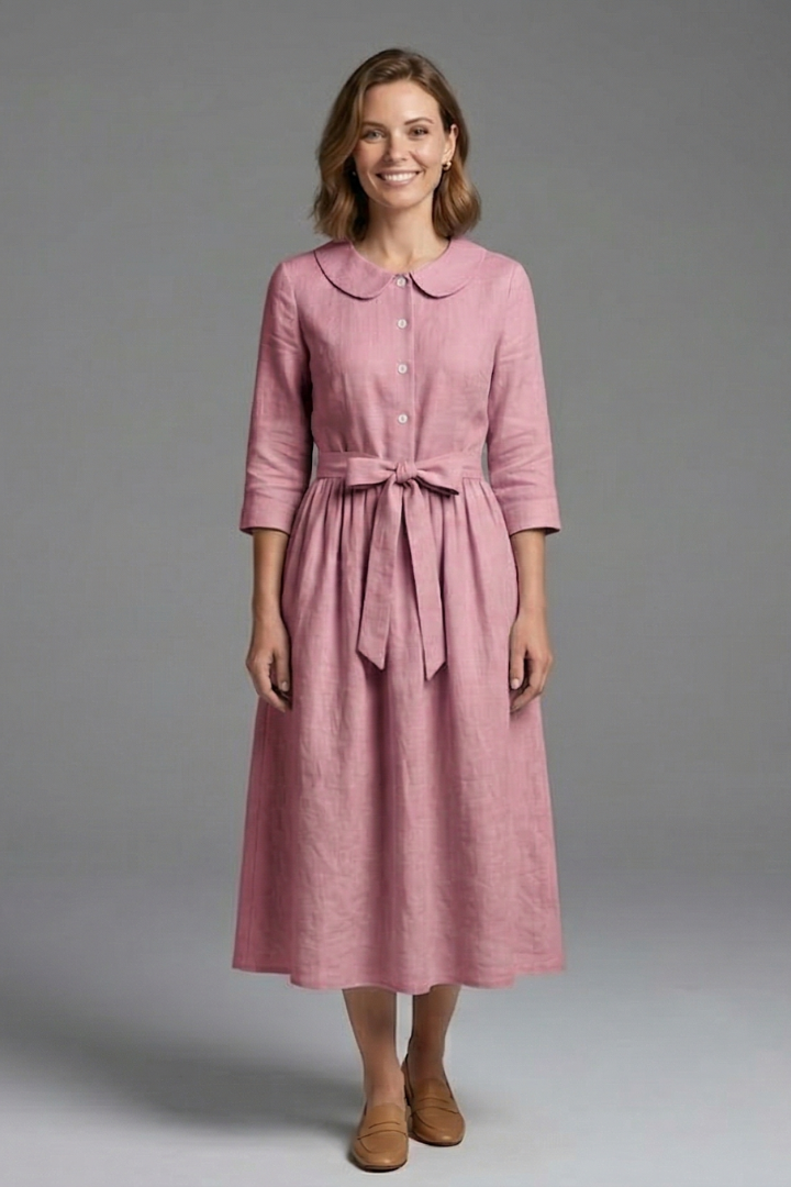 Full-length women's V-neck midi dress with waist tie, showcasing versatile spring & summer fashion.