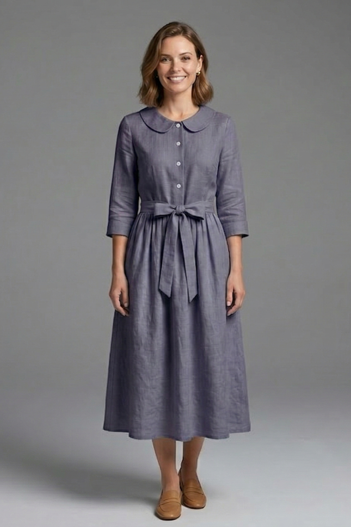 Stylish women's V-neck midi dress, full view, showcasing elegant design and flattering fit.