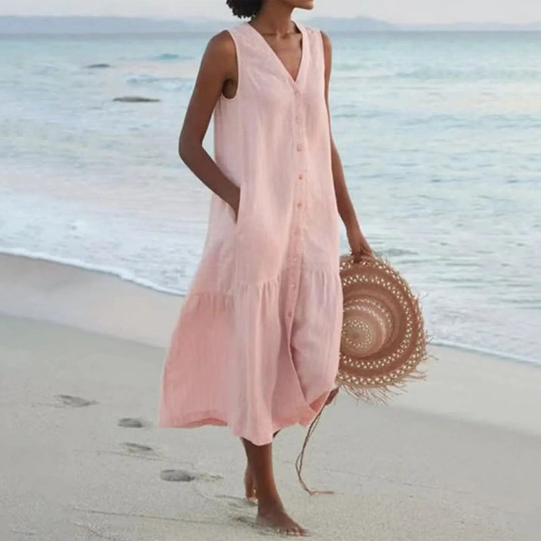 Comfortable V-neck midi sundress for women, casual summer fashion. Flowing and perfect for warm weather activities.