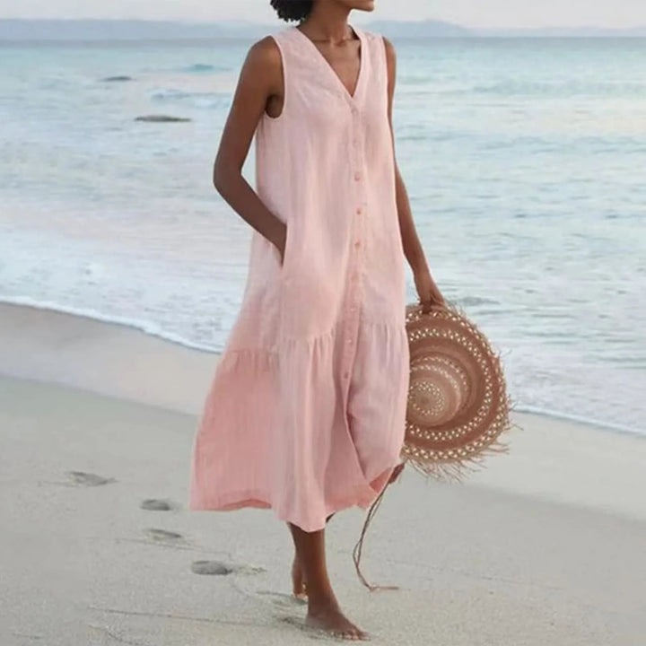 Comfortable V-neck midi sundress for women, casual summer fashion. Flowing and perfect for warm weather activities.