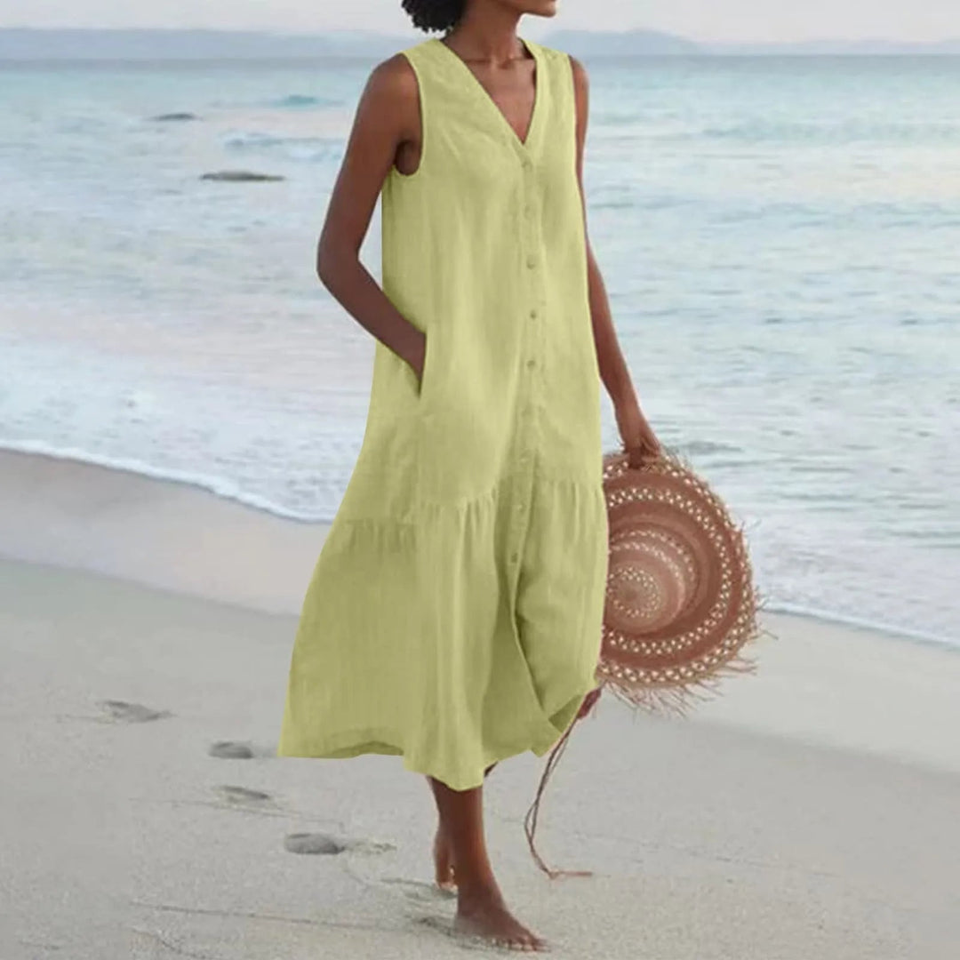 Flowing women's V-neck midi sundress, elegant for beach or vacation. Comfortable summer dress, perfect for warm weather.
