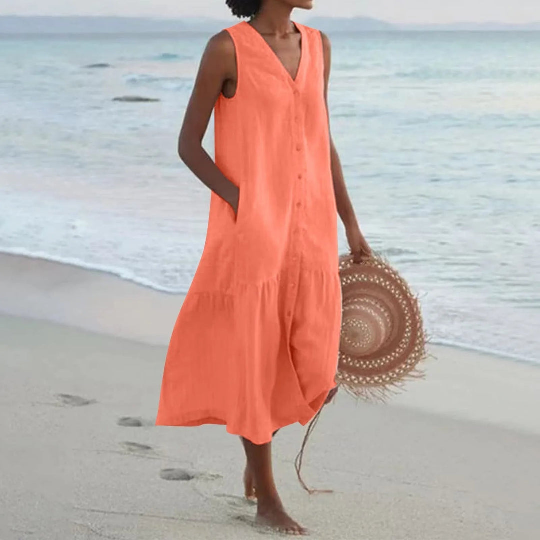 Stylish V-neck midi sundress for women, elegant summer comfort. Versatile for casual outings or warm weather events.