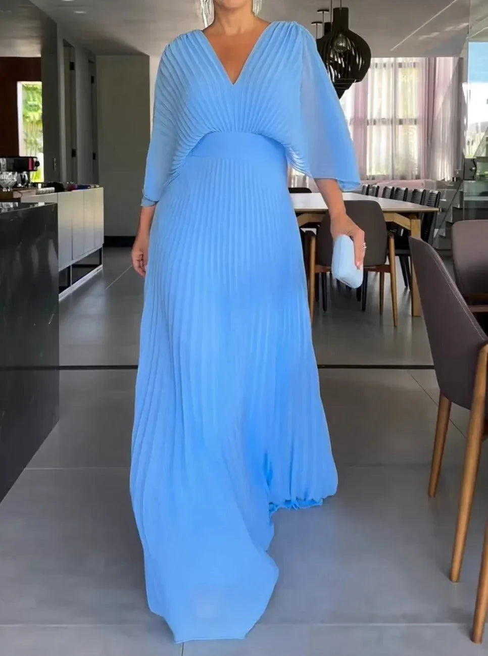 Sophisticated women's V-neck pleated kaftan. This elegant maxi dress offers comfort & style for any event.
