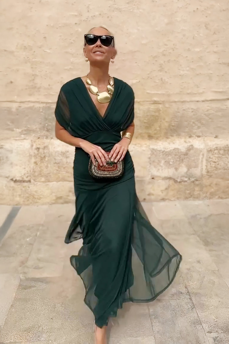 Formal V-neck pleated maxi gown for women, ideal for weddings, galas & special occasions.