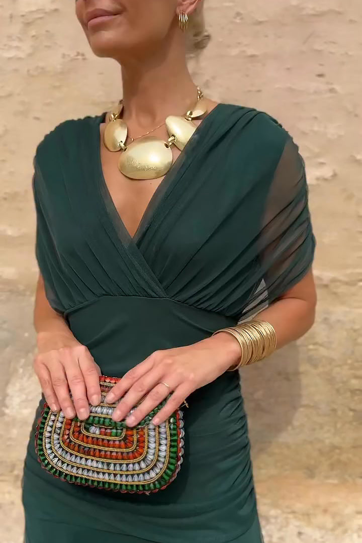Flowy pleated V-neck maxi dress for women, an elegant choice for evening events & summer parties.