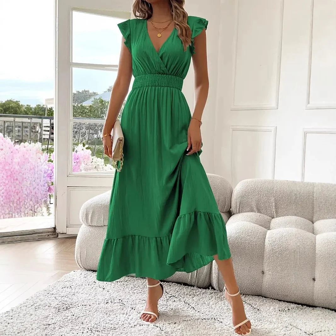 Graceful women's V-neck ruffle maxi dress, offering elegant flow and comfortable style for both casual and evening wear.
