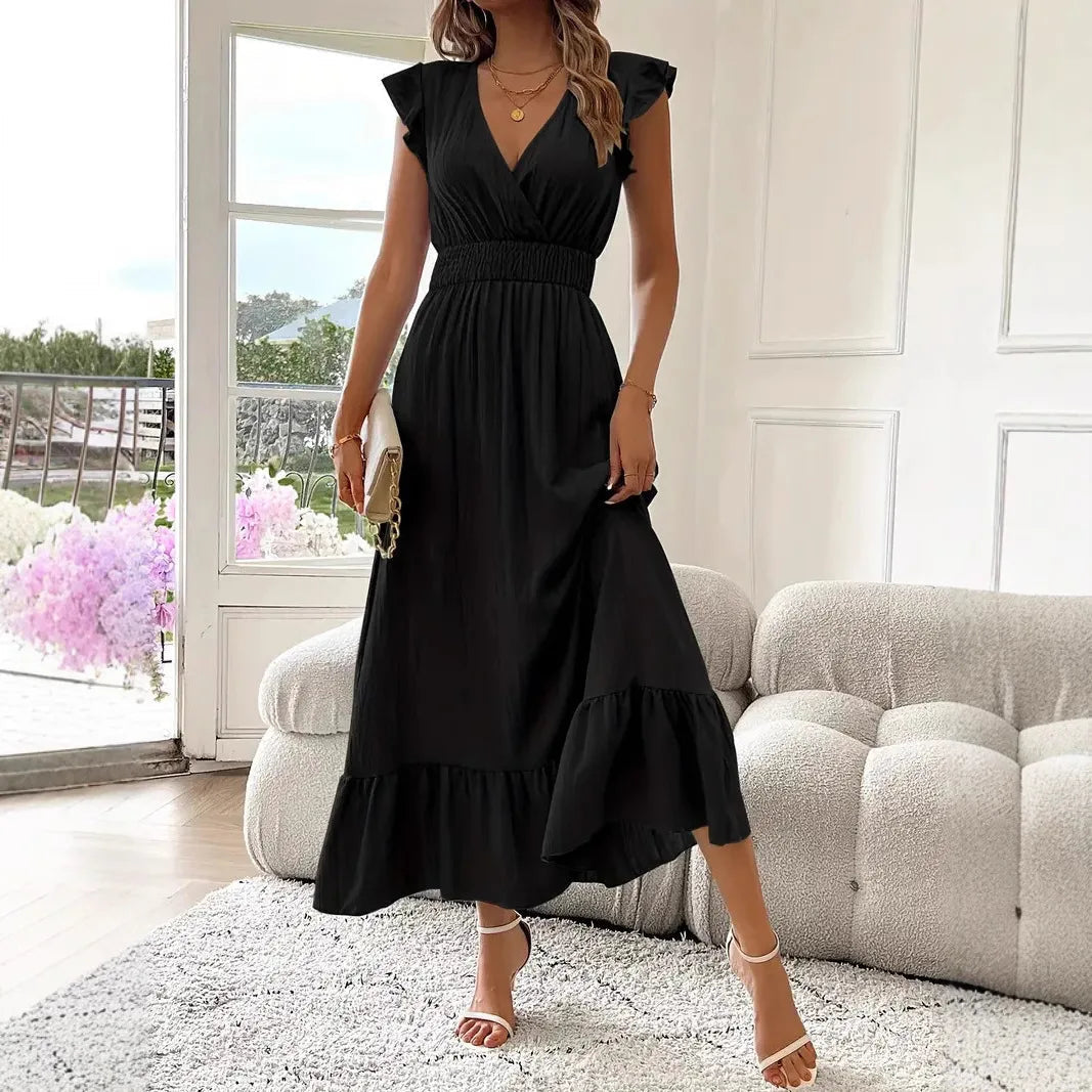 Versatile women's flowy V-neck maxi dress with ruffle trim, ideal for elegant evening wear or casual spring outings.