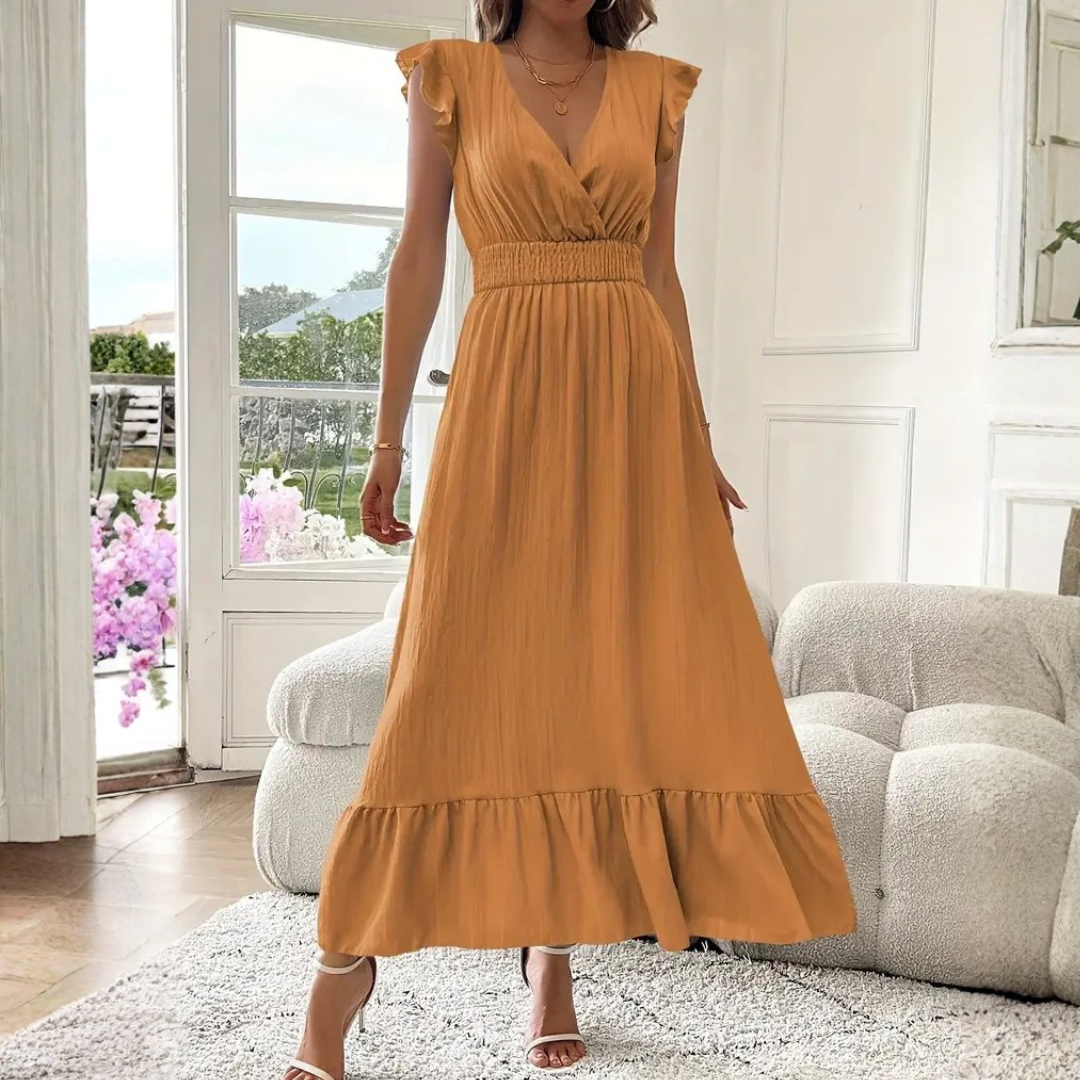 Comfortable V-neck maxi dress for women, featuring elegant ruffle details & a flowing silhouette perfect for any season.