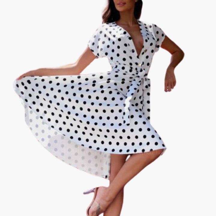 Elegant women's V-neck short sleeve midi dress, perfect for timeless style. Versatile for spring and summer.