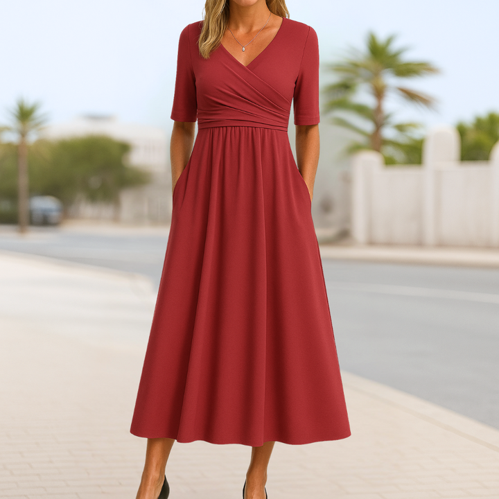Comfortable V-neck short sleeve midi dress for women, ideal for casual summer days and everyday wear.