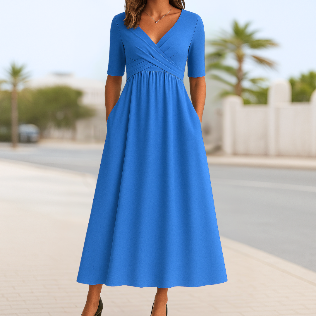 Modern women's elegant V-neck short sleeve midi dress, suitable for everyday wear and casual spring comfort.