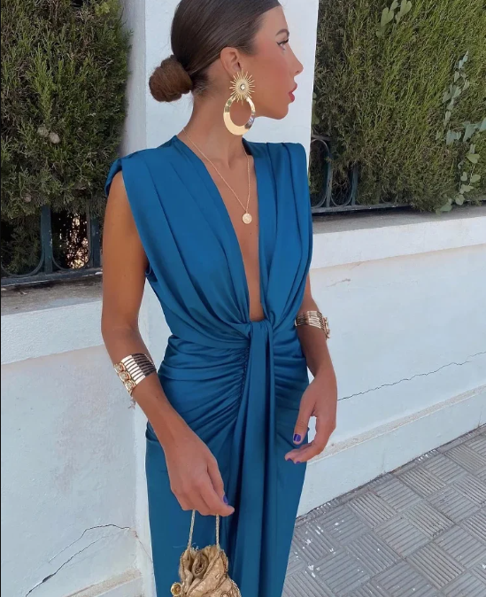 Elegant women's V-neck twist front maxi wedding guest dress, perfect formal attire for special occasions.