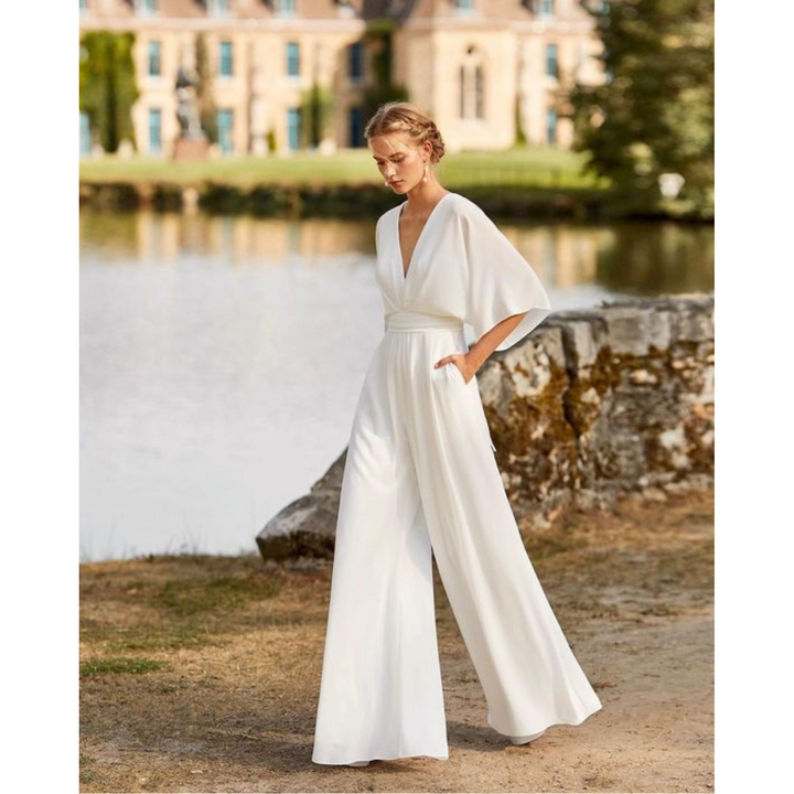 Elegant women's V-neck wide leg jumpsuit. Perfect formal wear & evening outfit for special occasions.
