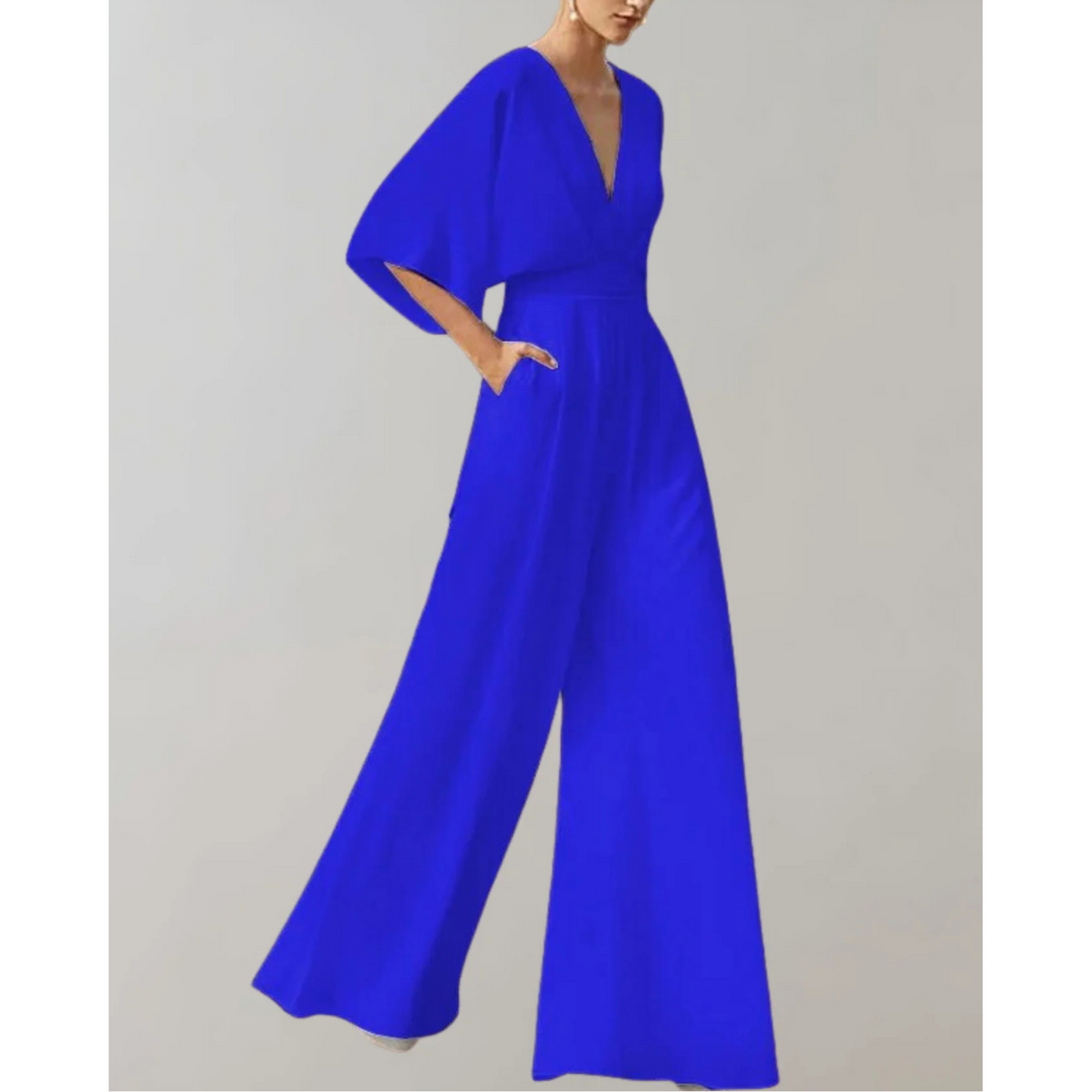 Stylish women's one-piece V-neck wide leg jumpsuit. Sophisticated party wear and modern fashion.