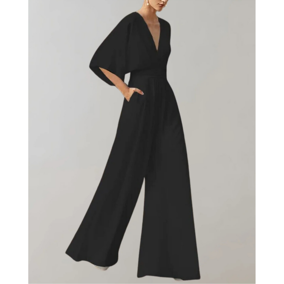 Formal wide leg V-neck jumpsuit for women. Ideal for special occasions, elegant evening wear.