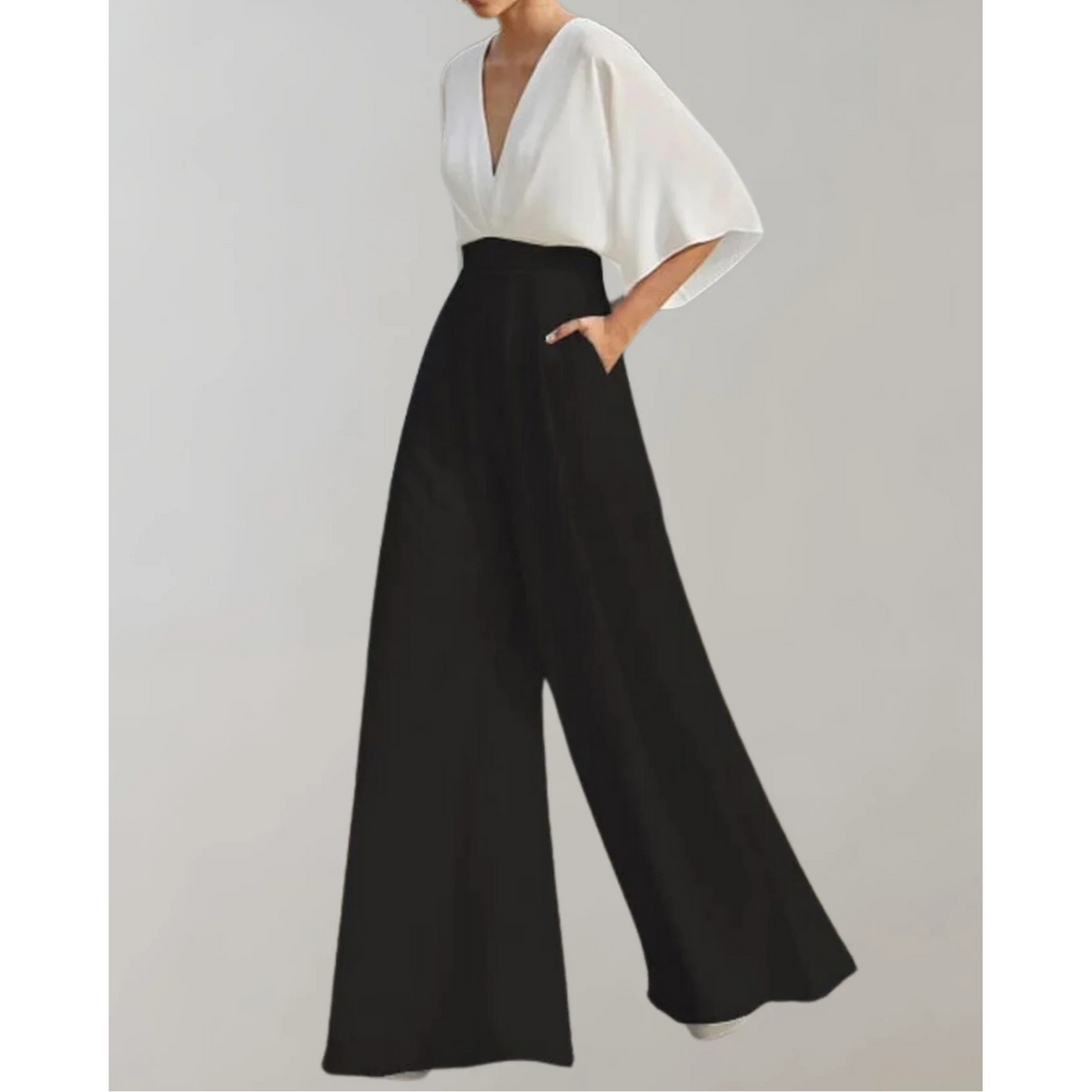 Women's stylish V-neck wide leg jumpsuit. Versatile formal wear for special occasions & evening outfits.