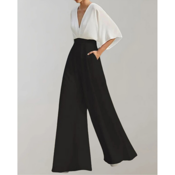 Women's stylish V-neck wide leg jumpsuit. Versatile formal wear for special occasions & evening outfits.