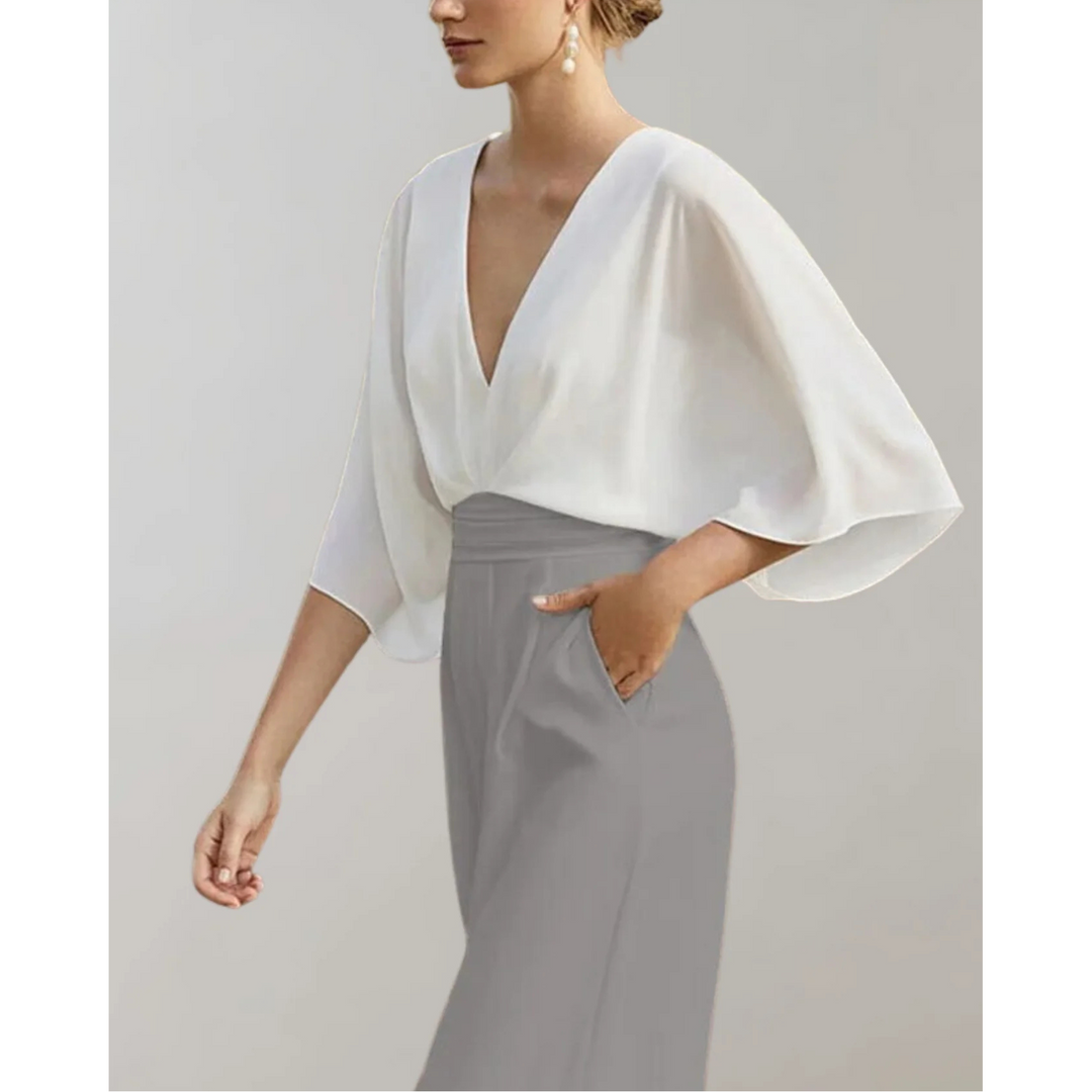 Chic women's V-neck wide leg jumpsuit, sophisticated one-piece for formal & elegant evening events.