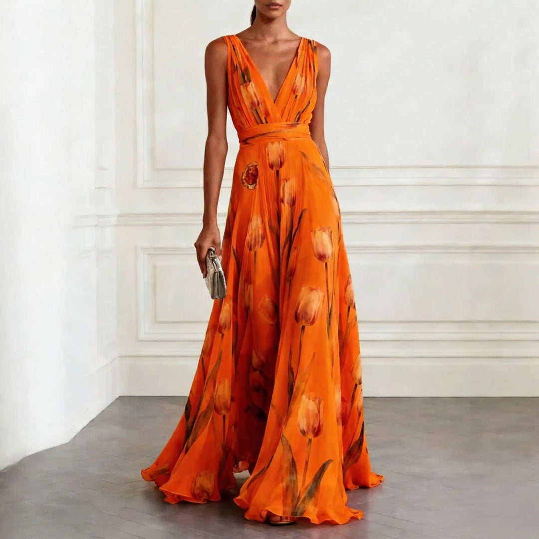 Stylish women's floral V-neck wrap maxi dress, ideal for spring and summer events. Long, flowy design.