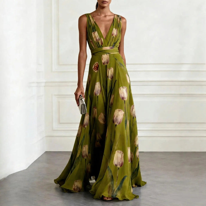 Elegant ladies' long floral maxi dress with a V-neck and wrap-style silhouette. Perfect occasion wear.
