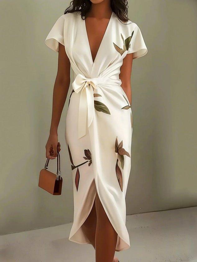 Elegant women's V-neck wrap midi dress with botanical print, perfect for wedding guests & summer parties.