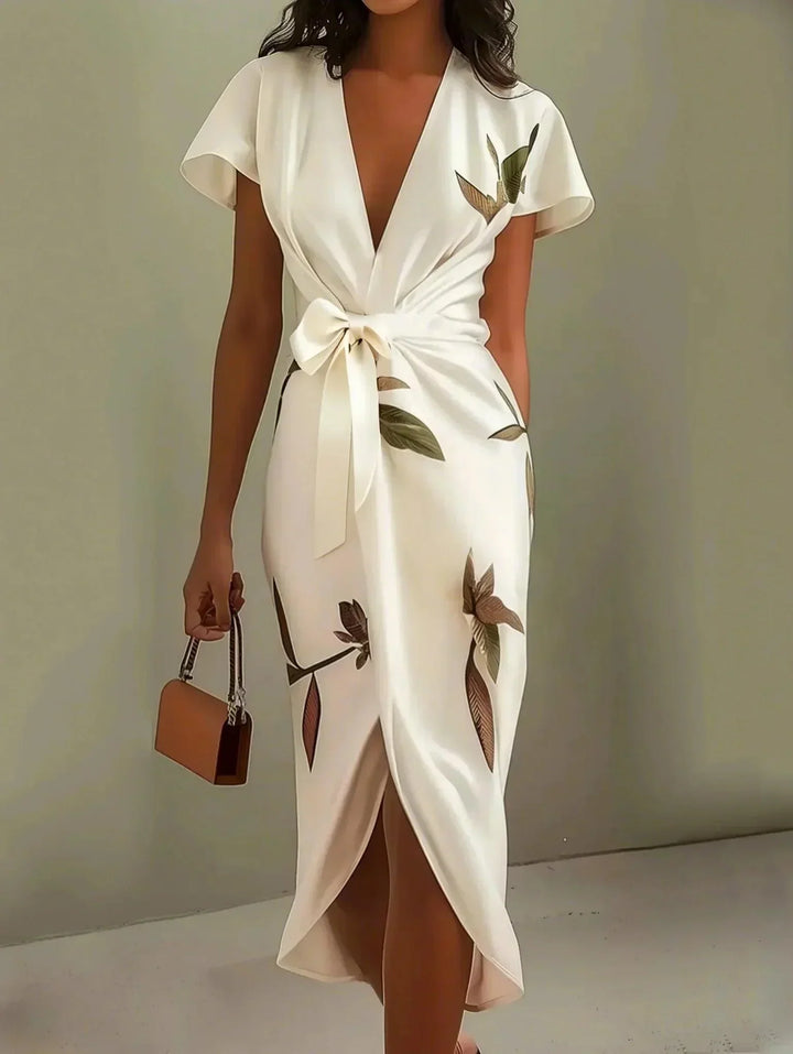 Stylish women's midi wrap dress with V-neck, flutter sleeves & vibrant botanical print, tie waist detail.