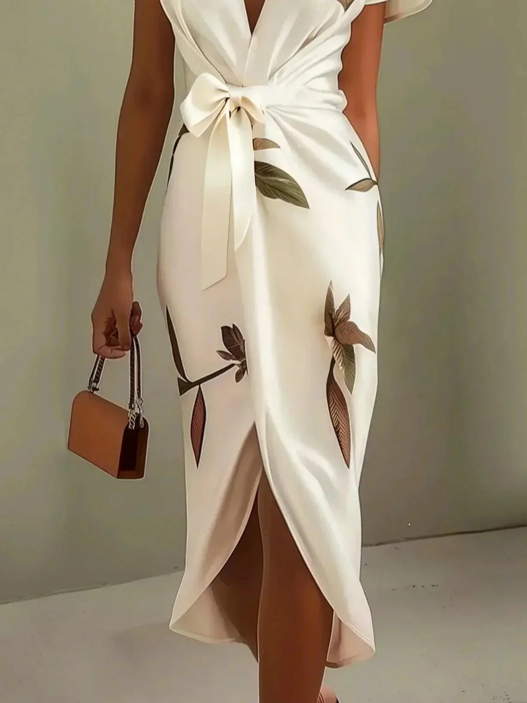 Flowy women's summer midi wrap dress with delicate botanical print, V-neck, and elegant flutter sleeves.
