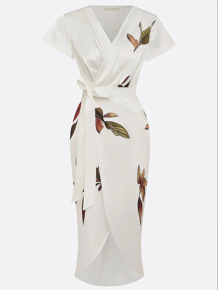 Women's elegant V-neck wrap midi dress with a colorful botanical print, tie waist, and flutter sleeves.