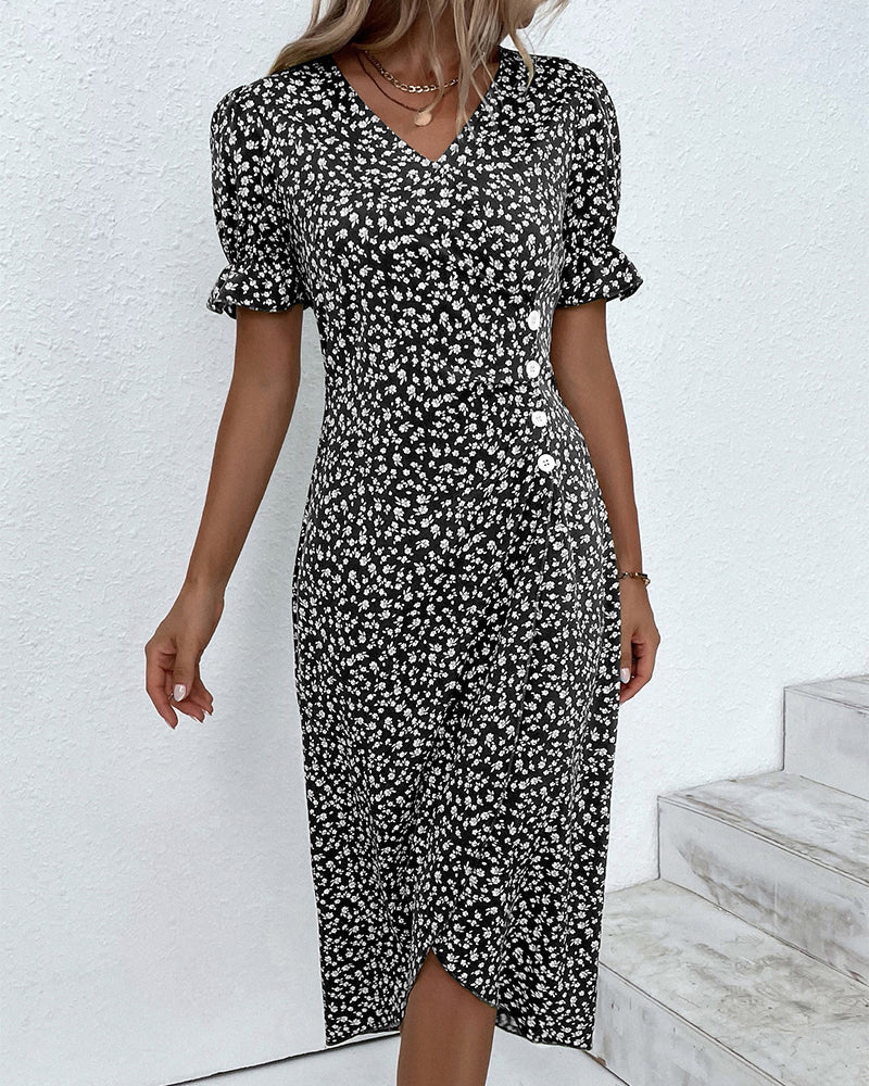 Graceful V-neck wrap midi dress for women, featuring elegant puff sleeves and a flowing silhouette.