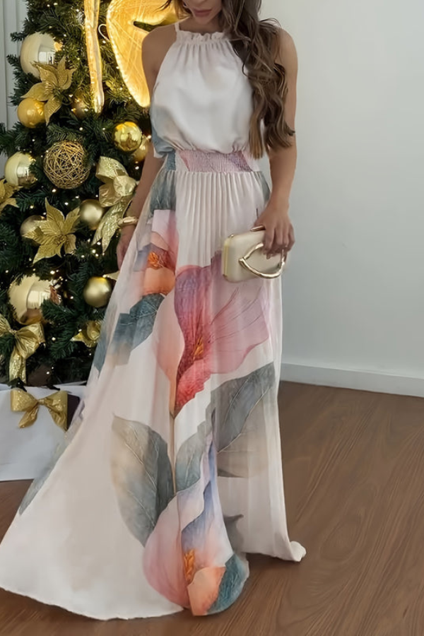 Elegant women's vacation maxi dress with halter neck and keyhole detail. Perfect for summer resort wear.