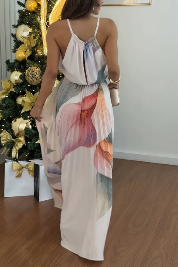 Flowing elegant women's maxi dress. Halter neck keyhole design, ideal for resort vacations & parties.