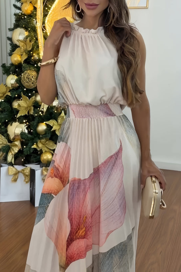 Modern women's halter neck keyhole maxi dress. Elegant flowing style for vacation, resort, or evening.