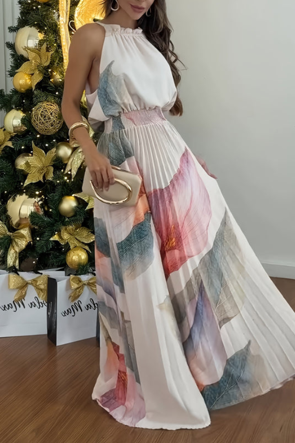 Comfortable women's flowing maxi dress. Vacation-ready halter neck keyhole design for beach or party wear.