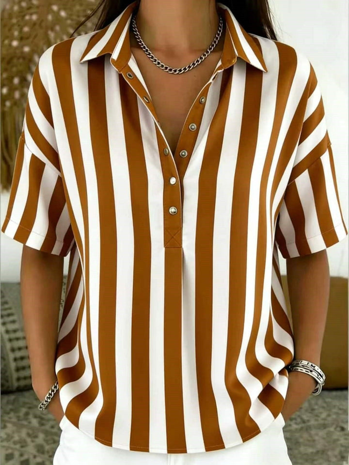 Summer fashion women's vertical stripe half-button blouse, relaxed fit for a stylish and casual look.